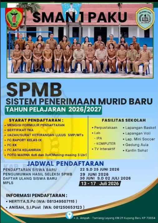 SPMB Tahun Ajaran 2026/2027 Telah Dibuka! Mari Bergabung Menjadi Bagian dari Keluarga Besar SMAN 1 Paku